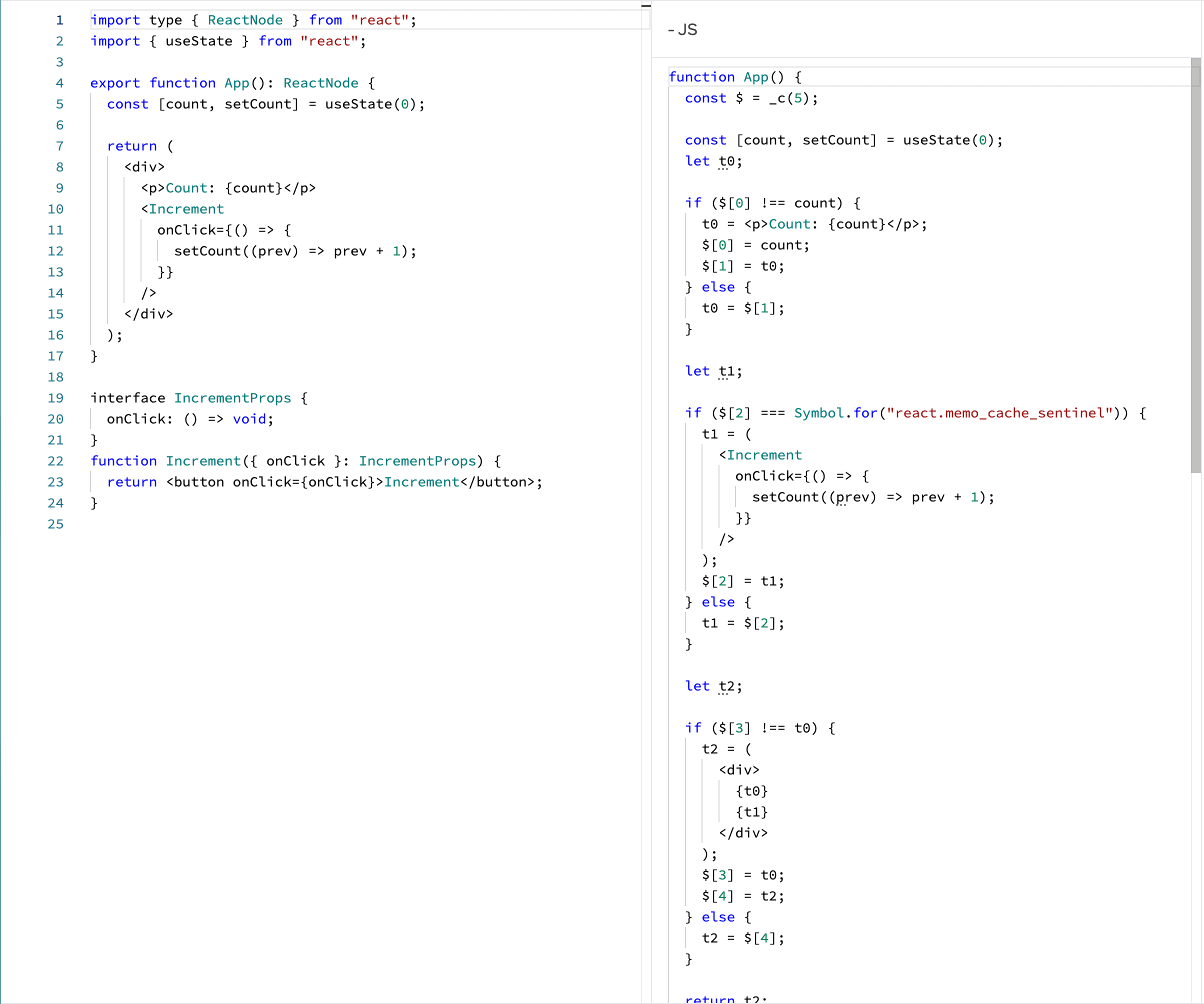 React Compiler Playgroundでコンポーネントのコードをコンパイルした例